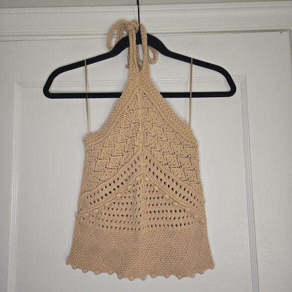 Zara Tops - ZARA Crocheted Cotton Cropped Halter Top Tan Women’s M Boho Festival